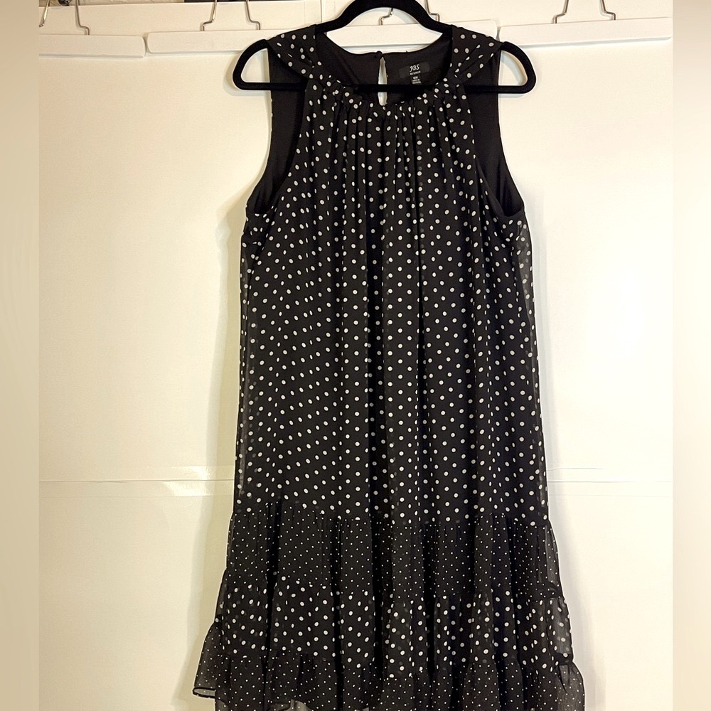 KBS-Black White Polka Dot Sleeveless Dress: Fully Lined Sheer Crepe Fabric